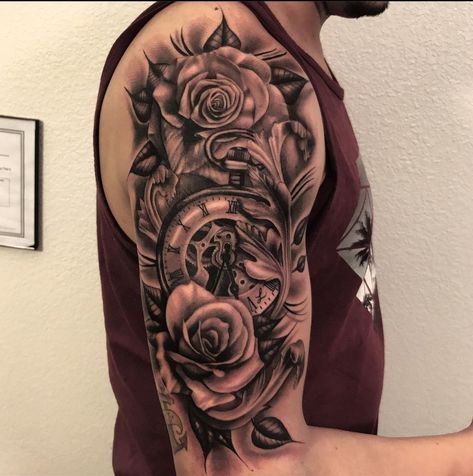 Upper Arm Tattoo Men Ideas, Tattoo Idea Arm, Coverup Tattoo Design For Man, Tattoos For Guys Shoulder, Shoulder Cover Up Tattoos, Upper Shoulder Tattoo, Clock And Rose Tattoo, Cover Up Tattoos For Men, Scottish Tattoos