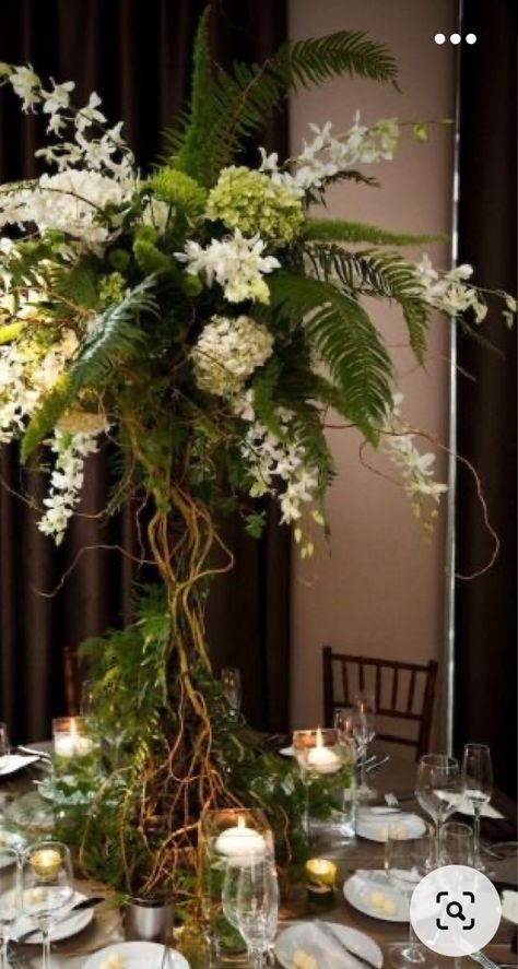 Fern Centerpiece, Garden Centerpiece, Gala Themes, Tall Centerpieces, Floral Event Design, Tall Vase, Floral Ideas, Tropical Wedding, Center Pieces