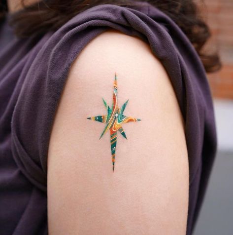 Subtle Rainbow Tattoo, Colorful Space Tattoo, Star Tattoo Color, Sprites Tattoo, Colorful Tattoos For Black Women, Beautiful Shoulder Tattoos, Star Tattoo On Shoulder, Colourful Tattoo, North Star Tattoos