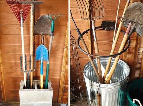 Clever Garden Tool Tips: These clever tips help your garden tools stay tidy, last longer and be more comfortable to use. Garden Tool Box Ideas, Diy Rake And Shovel Holder, Pallet For Garden Tools, How To Hang Garden Tools, Ways To Store Garden Tools, Gardening Tool Organization, Stick Storage Outdoor, Yard Tools Organization, How To Store Garden Tools