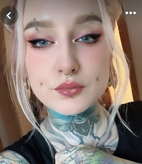 Center Brow Piercing, Feminine Piercings Face, Middle Brow Piercing, Piercing Combinations Facial, All Piercings Types Face, Female Facial Piercings, Heavily Pierced Face, Symmetrical Face Piercings, Eyebrow Piercing Both Sides