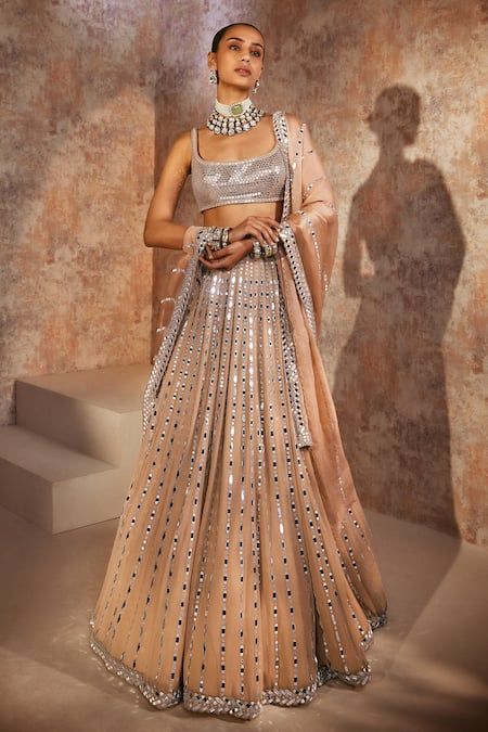 Buy Beige Lehenga And Blouse - Georgette Embellished Linear Pattern Set For Women by Vvani by Vani Vats Online at Aza Fashions. Beige Lehenga, Embellished Lehenga, Vani Vats, Lehenga And Blouse, Georgette Dupatta, Sequin Blouse, Indian Bridal Dress, Lehenga Blouse, Linear Pattern