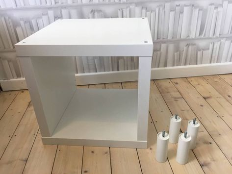 Small side table with storage from KALLAX cube Ikea Kallax Bedside Table, Kallax Side Table, Diy Side Table With Storage, Kallax Bedside Table, Ikea Study Table, Cube Ikea, Kallax Ikea Hack, Ikea White Side Table, Console Table Uk