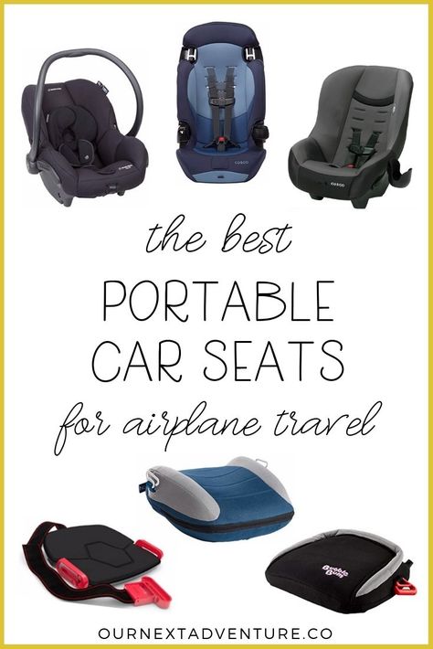 Nobody likes flying with car seats. Read our tips for traveling with car seats, plus our picks for the best portable car seat and boosters that make plane travel more bearable! #flyingwithkids #carseats #familytravel #travelwithkids #familytraveltips // Car Seat for Plane | Best Portable Car Seat | How to Fly with Car Seats | Air Travel with Kids | Car Seat Rentals | Flying with a Toddler | Family Travel Tips | Portable Booster Seat | Travel Car Seat | Lightweight Carseat | Cosco Scenera Next | Traveling With Carseat Planes, Travel Booster Seat, Toddler Road Trip, Travel Car Seat, Toddler Car, Best Car Seats, Travel Crib, Airplane Travel, Toddler Car Seat