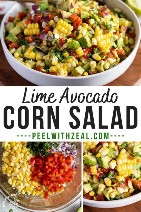 This delcious summer side dish recipe is perfect for parties. A corn salad with crunchy bell pepper and creamy avocados. Perfect for potlucks! This recipe is gluten-free, dairy-free, and vegan. Best Mexican Street Corn Recipe, Corn Salad With Cilantro, Avocado Chunks, Corn And Avocado Salad, Avocado Corn Salad, Summer Side Dishes Recipes, Gluten Free Recipes Side Dishes, Party Side Dishes, Sweet Potato Nachos