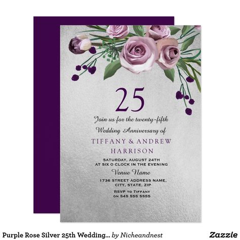 Purple Rose Silver 25th Wedding Anniversary Invite Wedding Renewal Invitations, Anniversary Invite, 25th Wedding Anniversary Invitations, Silver Wedding Theme, Rose Gold Wedding Invitations, Purple Theme, Silver Theme, Silver Wedding Anniversary, Wedding Anniversary Invitations