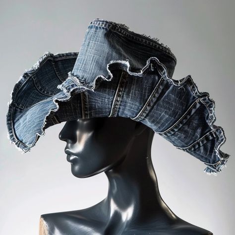 Denim Hat Diy, Denim Cowboy Hat, Diy Sombrero, Creative Hats, Denim Hats, Deconstructed Denim, Diy Hats, Denim Cowboy, Denim Crafts Diy