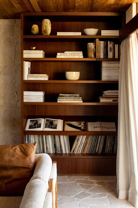 Come Inside My Mid-Century Modern Home - Kara Rosenlund Mid Century Modern Home Library, Record Collection Living Room, Mid Century Built In Bookshelves, Mid Century Bookshelf Wall, Mid Century Modern Wall Shelf, Library Mid Century, Organic Modern Bookshelf, Mid Century Modern Library, Mid Century Modern Built Ins