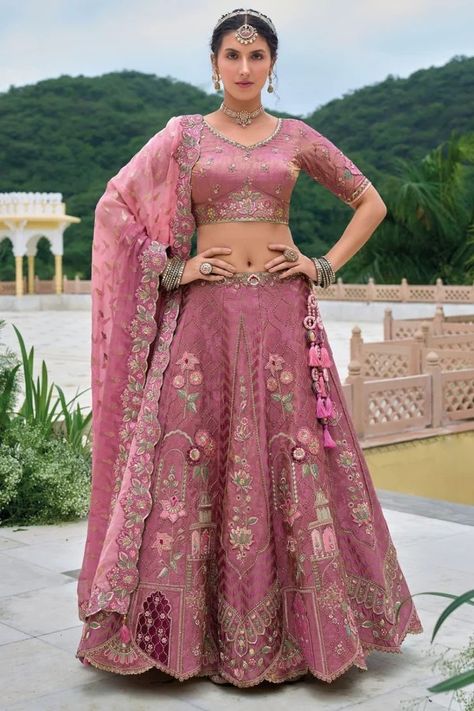 Dusty Pink Embroidered Silk Designer Lehenga Set Dusty Pink Lehenga, Lehenga Silk, Pink Lehenga Choli, Bridal Lehenga Online, Pink Lehenga, Hand Work Embroidery, Ghagra Choli, Designer Lehenga, Jodhpur