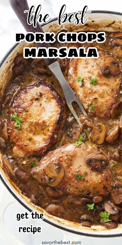 Pork chop Marsala is an Italian-inspired meal that combines juicy pork chops with a savory mushroom and Italian wine sauce with so much flavor! This is a flexible recipe that you can make with either bone-in or boneless pork chops. The delicious mushroom sauce is so good, you’ll want to dish up extra! Pork Marsala Recipe, Pork Chops With Mushroom Sauce, Pork With Mushroom Sauce, Pork Italian Recipes, Bone Pork Chop Recipes, Fall Pork Chops, Bone In Pork Chop Recipes, Pork Chops And Mushrooms, Bone In Pork Chop Recipe