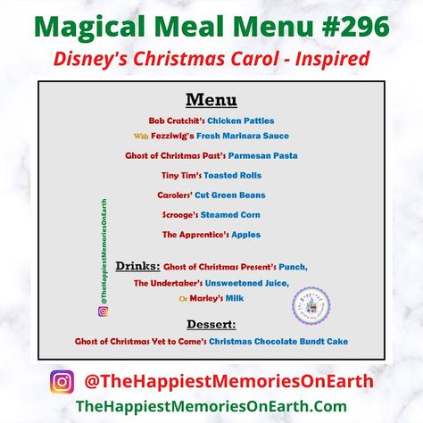 Magical Meal Menu #296 - Disney's Christmas Carol- Inspired with Menu & Pictures! Follow us for more on Instagram @TheHappiestMemoriesOnEarth !! #disneychristmas #christmas #christmasideas #christmascarol #TheHappiestMemoriesOnEarth #disneyinspired #dinnerideas #familydinner A Christmas Carol Dinner And A Movie, Theme Dinners Ideas, Disney Christmas Carol, Disney Movie Themed Dinner, Movie Inspired Recipes, Theme Dinners, Carol Movie, Themed Meals, Disney Themed Movie Night