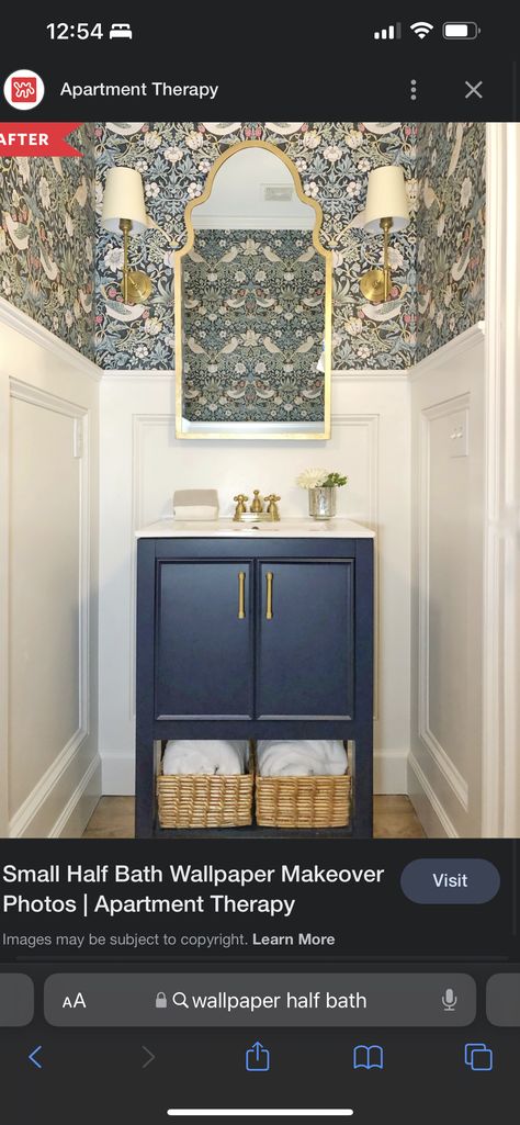 Half Bathroom Wallpaper, Coastal Powder Room, Vintage Powder Room, Powder Room Tile, Chic Powder Room, Traditional Powder Room, Small Half Bath, Wallpaper Powder Room, Small Downstairs Toilet