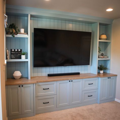 Swipe to see the before and after!✨ From a cluttered corner to a clean custom-built in… it’s perfection! We love transforming a media space to something beautiful with functionality and style🤩 Built In Bench Under Tv, Shiplap Entertainment Wall, Craftsman Built Ins, Diy Entertainment Center, Toy Storage, Built Ins, Something Beautiful, Entertainment Center, Custom Build