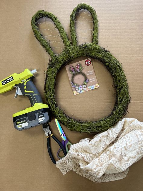 Dollar Tree Bunny Wreath Makeover - The Shabby Tree Diy Bunnies, Dollar Tree Bunny, The Shabby Tree, Shabby Tree, Easter Items, Types Of Lace, Bunny Wreath, Lace Curtains, Coffee Staining