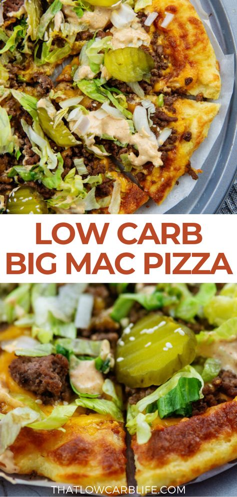 Low Carb Big Mac Pizza Big Mac Pizza With Cottage Cheese Crust, Low Fat Pizza Recipes, Low Carb Big Mac, Bic Mac, Big Mac Pizza, Homemade Big Mac Sauce, Low Carb Spaghetti, Low Carb Pizza Recipes, Homemade Big Mac