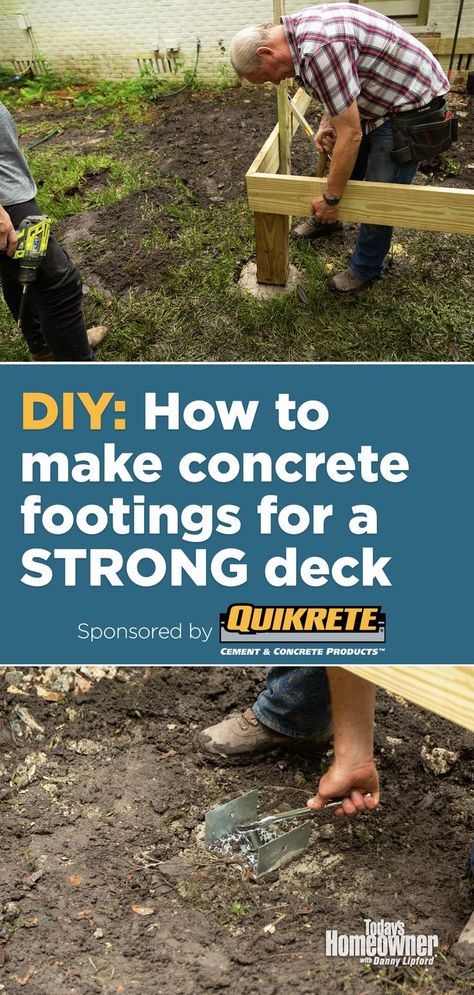 Top: “Today’s Homeowner” host Danny Lipford builds a deck. Bottom: Danny Lipford installs the saddle to the concrete footing with a J-bolt. Deck Foundation Ideas, Deck Footings How To Build, How To Build A Deck On The Ground, Deck Framing How To Build, Building A Deck Frame, How To Build Deck, Concrete Deck Blocks, Foundation Video, Deck Structure