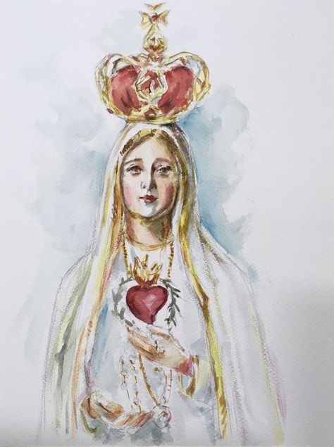 "Virgin of Fatima" Watercolor (48x36 cm) Artist: Sergio DS (c) 2017 Virgin Mary Watercolor Paintings, Catholic Watercolor Art, Virgin Mary Watercolor, Mother Mary Art, Mary Watercolor, Catholic Watercolor, Virgin Mary Painting, Catholic Wallpaper, Virgin Mary Art