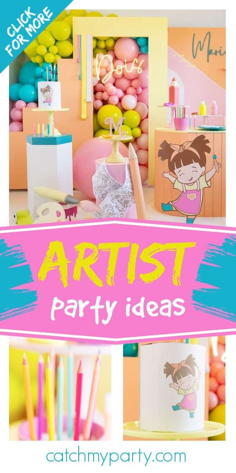 Take a look at this colorful artist themed birthday party! The cake is so sweet! See more party ideas and share yours at CatchMyParty.com Artist Themed Birthday Party, Artist Party Ideas, Crayola Party, Artist Birthday, Birthday Painting, Birthday Drinks, Birthday Party Activities, Themed Birthday Party, Party Activities