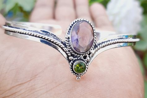 Oval Cut Amethyst and Peridot Gemstone Bracelet, 925 Sterling Silver Handmade Adjustable Cuff Bangle, Man's Party Wear Cuff Gift for Her by MDsilvercollection on Etsy Amethyst And Peridot, Amethyst Bangle, Peridot Gemstone, Band Bracelet, Cuff Bangles, Silver Bangles, Gemstone Bracelet, Silver Band, Accessories Earrings