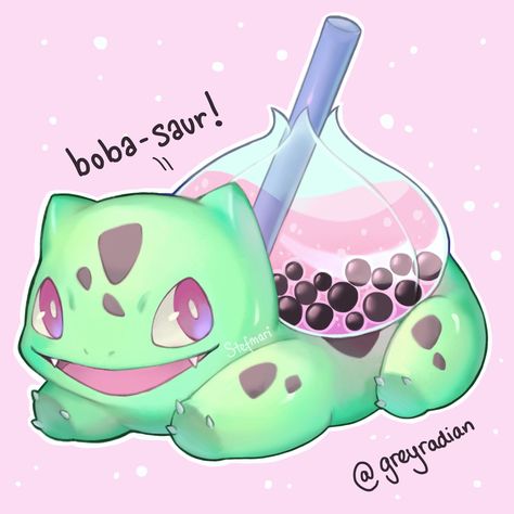 Was inspired by my local boba store to draw this crossbreed Pokemon Boba, Boba Tattoo, Bulbasaur Cute, Boba Cartoon, Cute Bulbasaur, Boba Wallpaper, Boba Store, Pokemon Graphic, Kawaii Boba