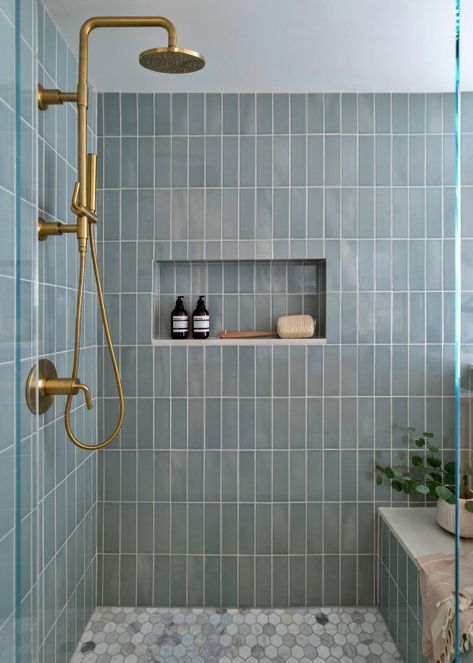 Unveiling the Ultimate Finished Basement for Comfort and Entertainment Sage Green Bathroom Tiles, Green Bathroom Tiles, Sage Green Bathroom, Master Shower Tile, Classic Modern Interior, Blue Shower Tile, Master Shower, Bad Inspiration, Bathroom Design Inspiration