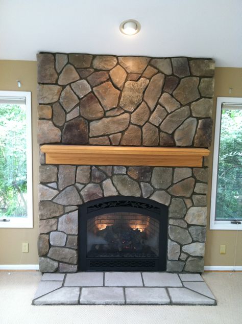 Bucks County Dressed Fieldstone by Boral Cultured Stone with wood mantel & 864 FPX DV Gas Fireplace Exterior Stone Wall Design, Boral Cultured Stone, Exterior Stone Cladding, Artificial Stone Wall, Woods Ideas, Fireplace Stone, Fireplace Pictures, House Repair, Exterior Wall Cladding