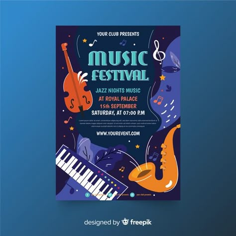 Hand drawn music festival poster template Free Vector | Free Vector #Freepik #vector #freebanner #freeflyer #freeposter #freevintage Festival Template Design, Music Festival Poster Design, Poster Sport, Poster Template Free, Poster Design Layout, Facebook Cover Design, Desain Quilling, Business Poster, Jazz Poster