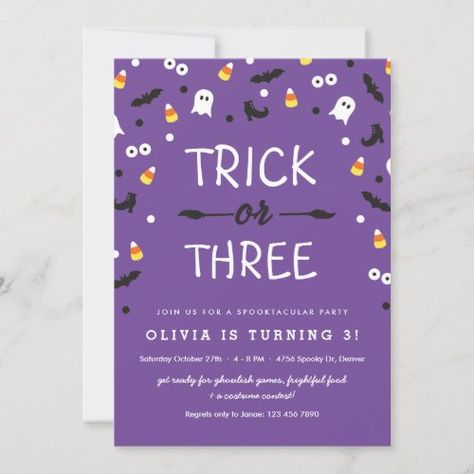 $2.95 | Trick or Three Halloween 3rd Birthday Invitation - party, girls, kids, fun, trick or treat, trick or three, 3rd, third birthday, boys 3rd birthday, girls 3rd birthday Kids Halloween Birthday Party, Halloween Invitations Kids, Halloween Birthday Party Invitations, Girls 3rd Birthday, Kids Halloween Party, Halloween Birthday Party, Halloween Birthday Invitations, Halloween Spooktacular, Purple Halloween