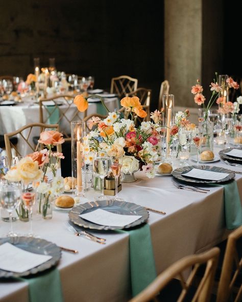 If we’re being honest @wearewildflowers really stole the show with these florals. Cory and Jake’s wedding at The Switch House was filled with dusty blues, sweet pinks, and sunset oranges. And did we mention the poppies? My favorite thing about spring weddings. ⠀⠀⠀⠀⠀⠀⠀⠀⠀ Venue: @cescaphe Florist: @wearewildflowers Rentals: @lilacandlaceco #cescaphewedding #springwedding #florals #colorfulwedding Wedding Palates, Sunset Orange Wedding, Peach And Blue Wedding, Orange Wedding Colors, Citrus Wedding, Spring Weddings, Being Honest, Sunset Wedding, Blue Candles