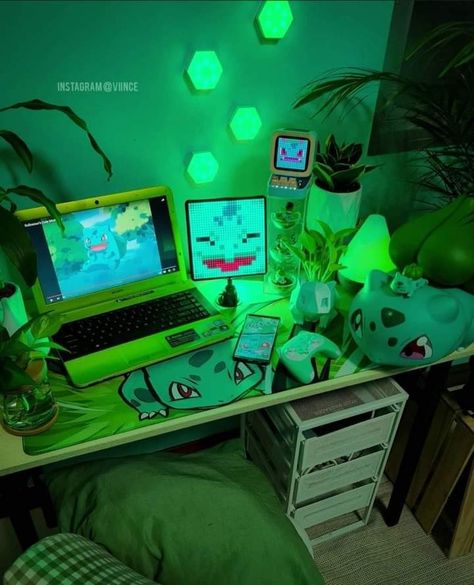 Geeky Room Decor, Pc Gaming Setup Black And Green, Pokemon Interior Design, Pokemon Game Room, Pokemon Gaming Setup, Pokemon Setup, Green Gamer Room, Green Gamer Aesthetic, Pokemon Room Decor