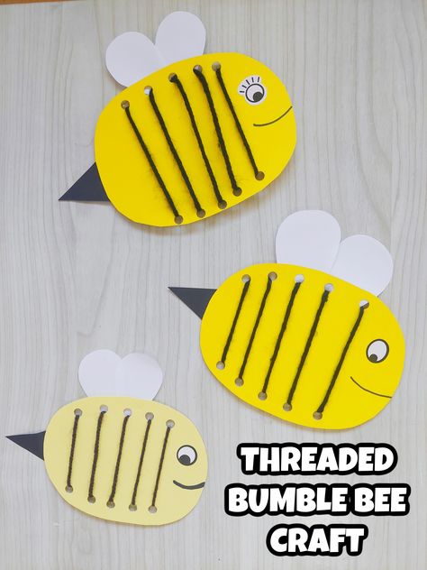 Threaded paper bumble bees. This adorable bumble bee craft for kids is the perfect way to celbrate the spring season! Pre K Bee Craft, Bumble Bee Craft For Preschoolers, Bumblebee Art Preschool, Bees Crafts For Preschool, How To Make A Bee Craft, Easy Bee Crafts For Preschoolers, Bumblebee Crafts For Preschoolers, Bumble Bee Preschool Craft, Honey Bee Craft Preschool