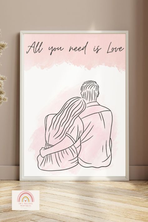 Blush Pink Wall Art, Art Valentines, 1 Year Anniversary Gifts, Cute Couple Gifts, Above Bed Decor, Line Art Design, Couples Gift, Pink Wall, Cute Home Decor