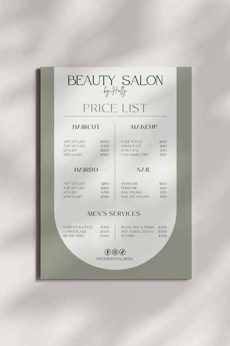 Price List for Hair, Nails, Makeup Salon Desain Salon Kuku, Price List Template Design, Hair Salon Price List, Hair Salon Prices, Beauty Salon Price List, Esthetician Business, Price List Design, Salon Price List, Menue Design