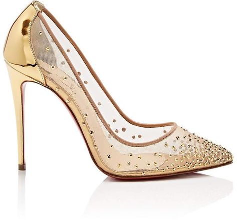 Christian Louboutin Women's Follies StrassTM Mesh & Leather Pumps - Gold pumps with crystals - Love these Louboutins to the moon and back!!! #cinderella #louboutin Louboutin Wedding Heels, Gold Pumps Heels, Cinderella Heels, Christian Louboutin Wedding, Christian Louboutin Shoes Outfit, Christian Louboutin Outfits, Christian Louboutin Sneakers, Louis Vuitton Shoes Heels, Christian Louboutin Outlet