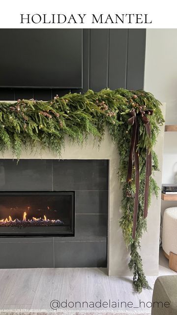 Ribbon On Mantel Garland, Moody Christmas Decor Ideas, Christmas Garland With Ribbon, Velvet Christmas Decor, Mantel Greenery, Fireplace Garland Christmas, Christmas Salon, Mini Pinecones, Moody Christmas