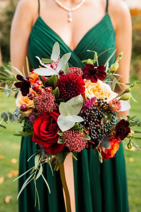 Rustic autumn wedding bridesmaids bouquet red orange burgundy navy green berries Green And Burgundy Wedding, Wedding Bridesmaid Bouquets, Fall Wedding Bridesmaids, Fall Bridesmaids, Emerald Green Weddings, Bridesmaids Bouquets, Rustic Fall Wedding, Fall Wedding Bouquets, Fall Wedding Flowers