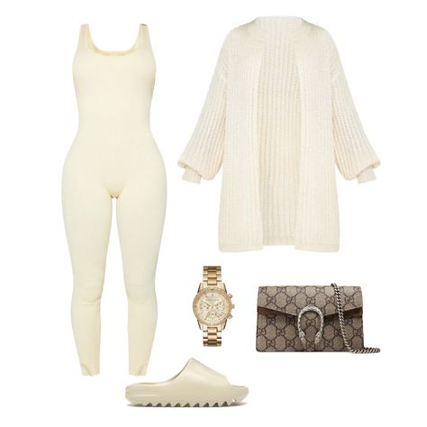 #outfit #outfitideas #outfitplan #jumpsuit #chunkyknit #gucci #yeezy #sliders #beigeaesthetic #beigetrends #beigeoutfit #beigelook Beige Jumpsuit Outfit, Jumpsuit Outfit Winter, Jumper Suit, Beige Jumpsuit, Fall School, Cute Outfits With Jeans, School Fit, Airport Look, Beige Outfit