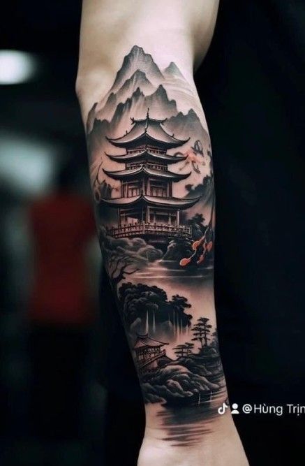 Japanese Style Tree Tattoo, Blossom Tree Tattoo Men, Japanese Landscape Tattoo Design, Japanese Forest Tattoo, Japan Style Tattoo Design, Jappenes Art Tattoo, Japanese Sky Tattoo, Japanese Arm Tattoo Men, Japanese Waterfall Tattoo