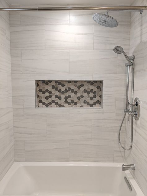 Drop In Tub Surround Tile Alcove, Bathroom Remodel Bathtub, Tile Around Bathtub, Small Full Bathroom, Tile Tub Surround, Bathtub Surround, Shower Combo, Bathroom With Tub, Full Bathroom Remodel