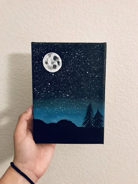 Dark Sky Painting Easy, Painting Night Sky Easy, A5 Canvas Painting Ideas, Blue Drawings, Night Sky Painting, Mandala Art Therapy, Islamic Caligraphy Art, Caligraphy Art, Cute Canvas Paintings