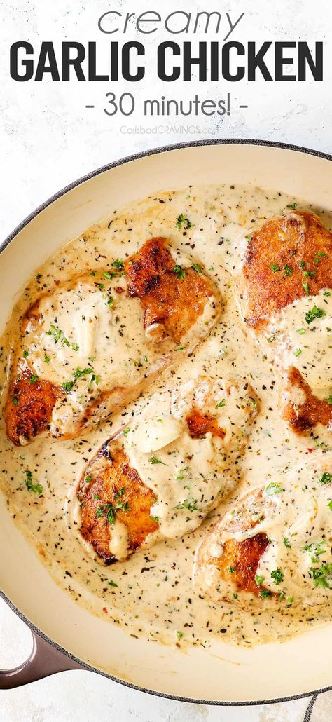 Creamy Garlic Chicken bathed in a Parmesan garlic cream sauce on your table in just over 30 minutes! Versatile and prep ahead friendly! #30minutemeals #chicken #chickenrecipes #easyrecipe #recipes #recipeoftheday #recipeideas #recipeseasy #dinner #dinnerrecipes #dinnerideas #dinnerideas #recipe #recipeoftheday #recipeideas #recipesfordinner #parmesanchicken #garlicchicken #garlic #Parmesan #onepotwonder #skilletchicken #chickenskillet Chicken Cutlet And Mashed Potatoes, Creamy Healthy Chicken, Cream Of Chicken Dinner Recipes, Chicken With Garlic Cream Sauce, Chicken In Garlic Cream Sauce, Creamy Chicken Parmesan Recipe, Chicken Dinner Recipes Videos, Creamy Chicken Dinner Recipes, Chicken Cutlets With Sauce