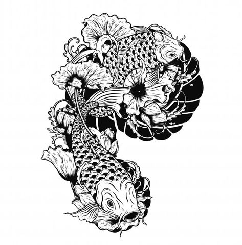 Carp fish with lotus vector tattoo by ha... | Premium Vector #Freepik #vector #flower #wedding #floral #abstract Japan Tattoo Traditional, Japan Style Tattoo, Pez Koi Tattoo, Karp Koi, Koi Tattoo Design, Kunst Tattoos, Chicano Style Tattoo, Koi Tattoo, Theme Tattoo