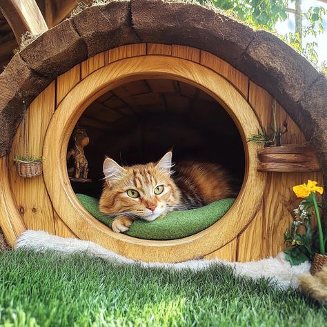 The Hobbit Home Cat Bed is a cozy, hobbit-inspired retreat for your feline friend. With its rounded design, faux grass roof, and a circular entrance, it mimics a charming hobbit house. The plush interior provides comfort, making it the perfect hideaway for your cat to curl up and relax. Circular Entrance, Hobbit Home, Fantasy Room, Cardboard Cat House, Grass Roof, Pet Teepee, Cardboard Cat, Faux Grass, Fantasy Rooms