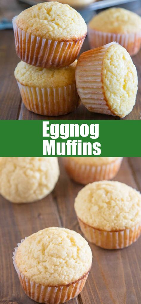 Eggnog Muffins - Eggnog adds tons of flavor to these tender muffins. Super quick and easy, and they freeze really well! Eggnog Mini Muffins, Eggnog Mini Loaves, Egg Nog Muffins Recipe, Holiday Mini Muffins, Eggnog Breakfast Recipes, Easy Christmas Muffins, Christmas Mini Muffins, Egg Nog Muffins, Eggnog Muffins Recipe