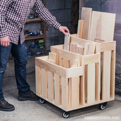 Maximize your workshop space with this small DIY lumber cart. Say goodbye to piles of wood and hello to organization with these step-by-step plans! Diy Air Compressor, Air Compressor Cart, Diy Lumber Storage, Compressor Cart, Lumber Cart, 2x4 Wood Projects, Wood Cart, Lumber Rack, Lumber Storage