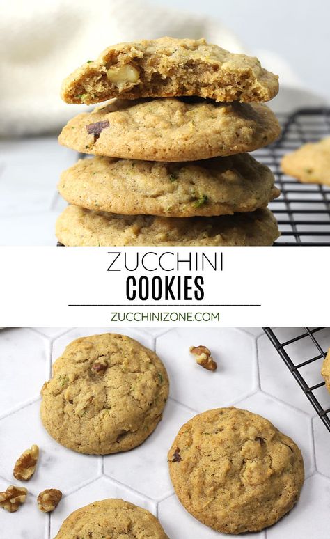 Zucchini cookies are buttery, chewy cookies filled with crunchy walnuts and cozy spices. Their flavor is reminiscent of a freshly baked loaf of zucchini bread. Cake Mix Zucchini Cookies, Zucchini Cookies Recipes, Pumpkin Zucchini Oatmeal Cookies, Zucchini Oatmeal Cookies Recipes, Zucchini Breakfast Cookies, Zucchini Carrot Oatmeal Cookies, Zucchini Cookie Recipes, Zucchini Chocolate Chip Cookies, Spiced Zucchini