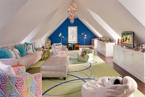 Attic Playroom Ideas, Attic Design Ideas, Attic Renovation Ideas, Attic Ideas, Hangout Room, Finished Attic, Attic Playroom, Attic Loft, Blue Accent Walls