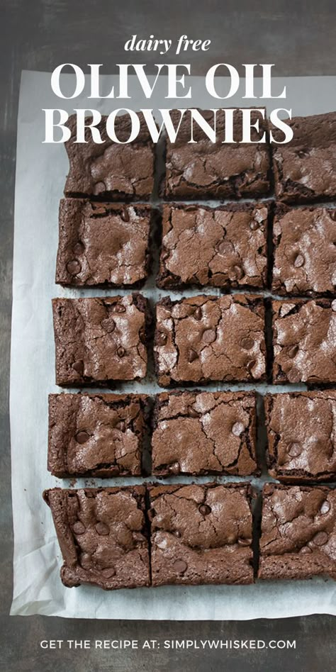 Olive Oil Brownies | Dairy free brownie recipe, dairy free desserts, one bowl brownies, large pan brownies | @simplywhisked Brownies No Butter, Dairy Free Brownie, Brownies Dairy Free, Olive Oil Brownies, Oil Brownies, Marshmallow Brownies, One Bowl Brownies, Dairy Free Recipes Dessert, Dairy Free Brownies