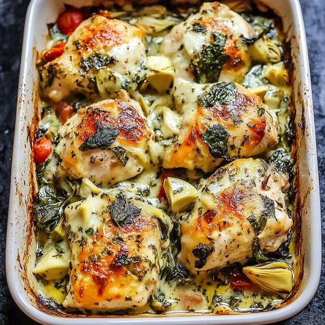 Chicken Tomato Artichoke Bake, Artichoke Spinach Chicken, Chicken Spinach Artichoke Casserole, Chicken Artichoke Bake, Spinach Artichoke Chicken Bake, Artichoke Chicken Bake, Easy Sunday Dinner, Bird Recipes, Dead Bird