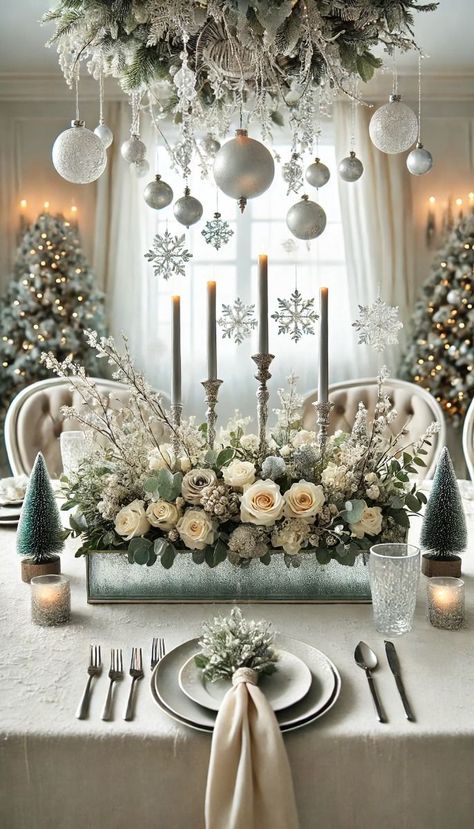 Use gold or silver chargers, white plates, and red napkins. Add a sprig of holly on each napkin. Winter Wonderland Christmas Home Decor, White Rose Christmas Centerpiece, Winter White Tablescape, Winter Wonderland Fireplace Decor, White Winter Wonderland Christmas Decor, White Gold Christmas Table, Snowflake Tablescape, White Christmas Tablescapes, Winter Wonderland Christmas Decorations